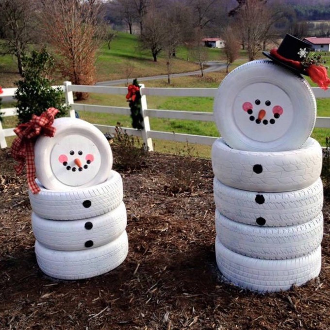 boneco de neve feito com pneus